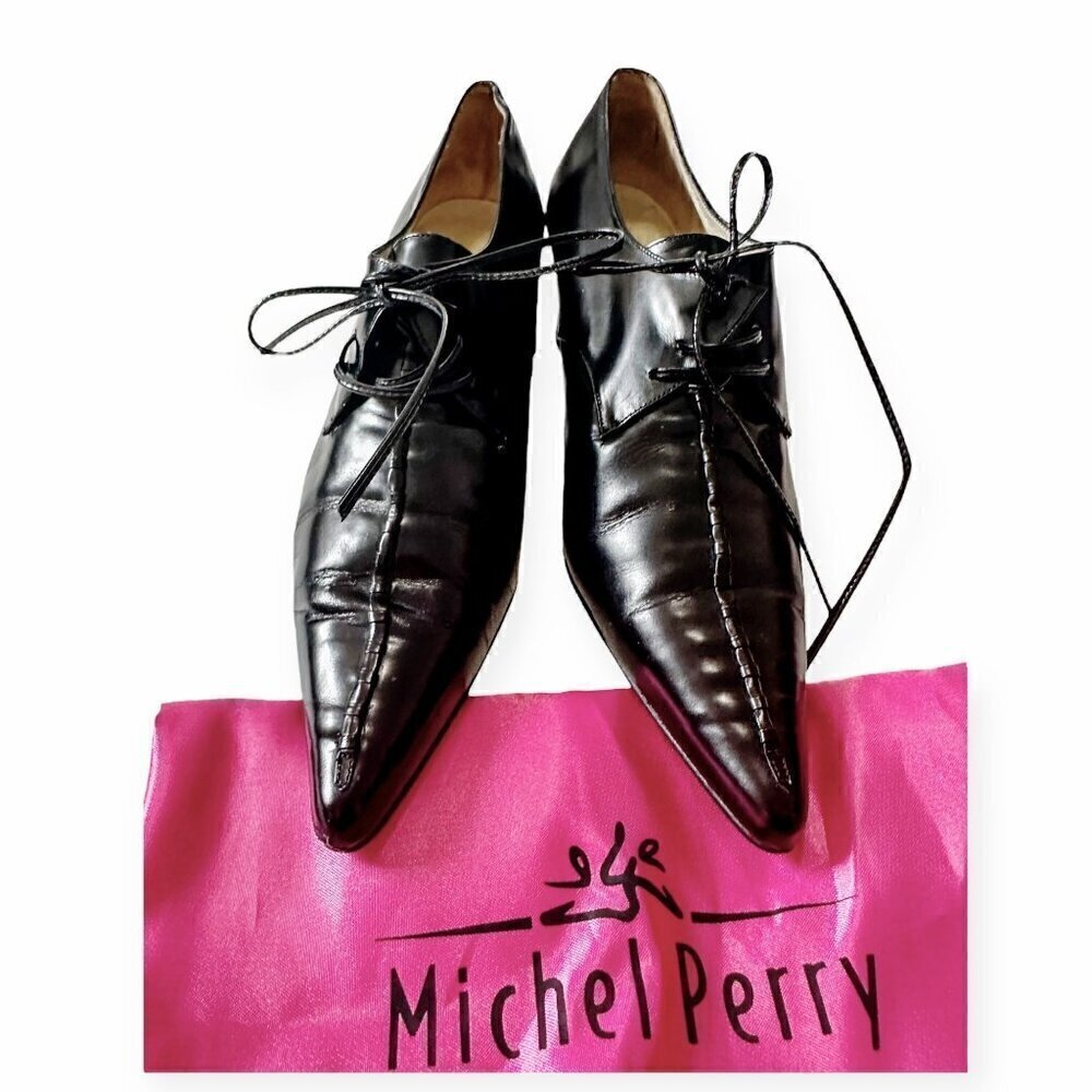 Michel Perry black pointed toe lace up heel, Size 37.5EU, Vintage from mid 90s